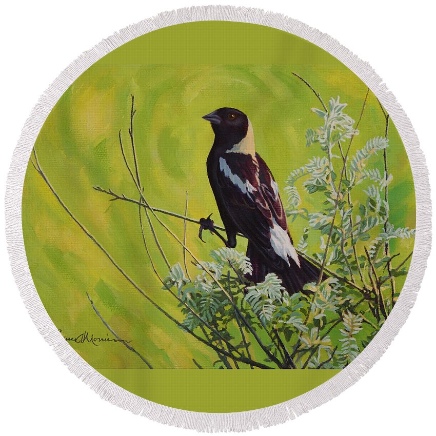 Bird Painting Round Beach Towel featuring the painting Spring Bobolink by Bruce Morrison