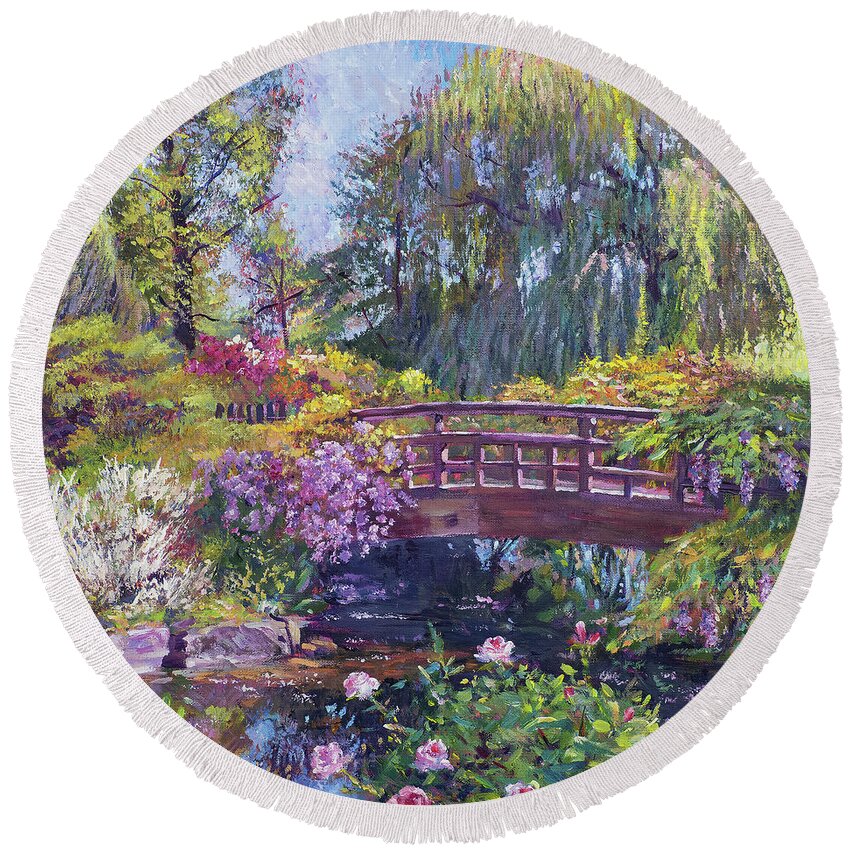 Gardens Round Beach Towel featuring the painting Spring Bridge by David Lloyd Glover