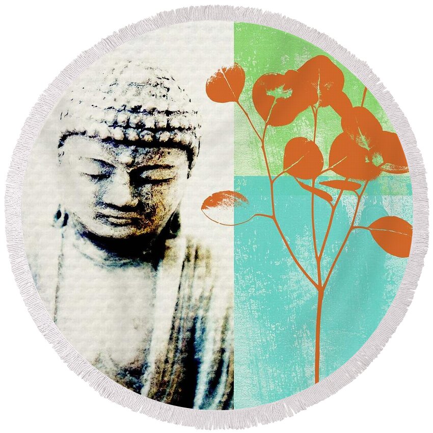 Buddha Round Beach Towel featuring the mixed media Spring Buddha by Linda Woods