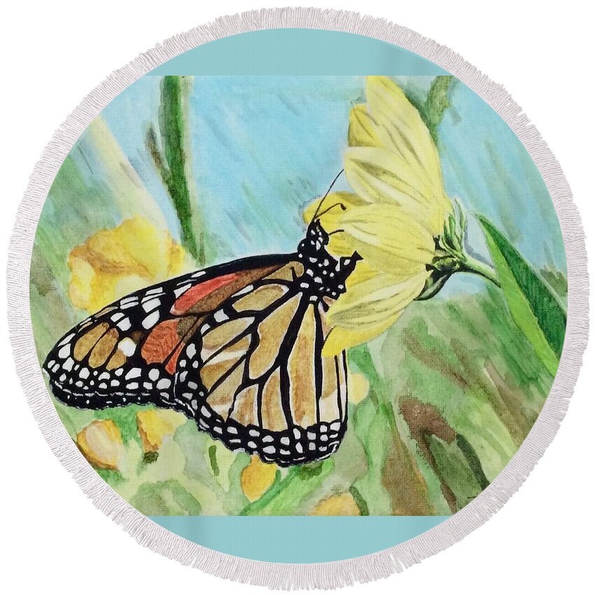 Butterfly Round Beach Towel featuring the painting Spring colors by Sonja Jones