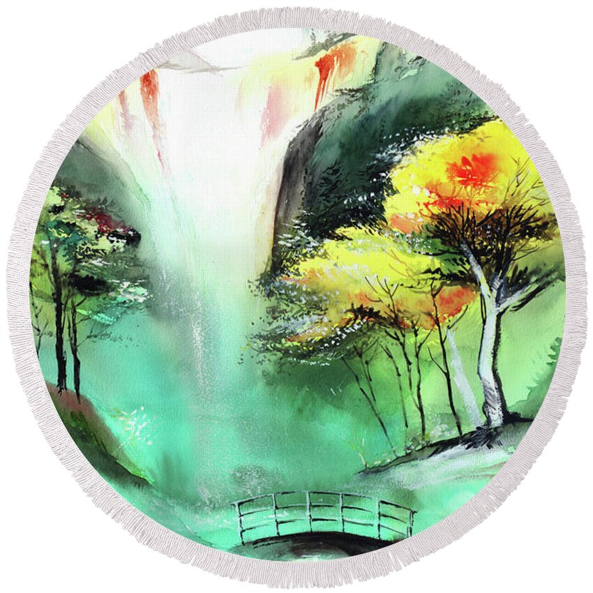 Nature Round Beach Towel featuring the painting Spring Fall by Anil Nene