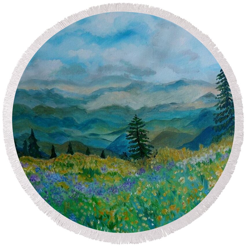 Spring Round Beach Towel featuring the painting Spring In Bloom - Mountain Landscape by Julie Brugh Riffey