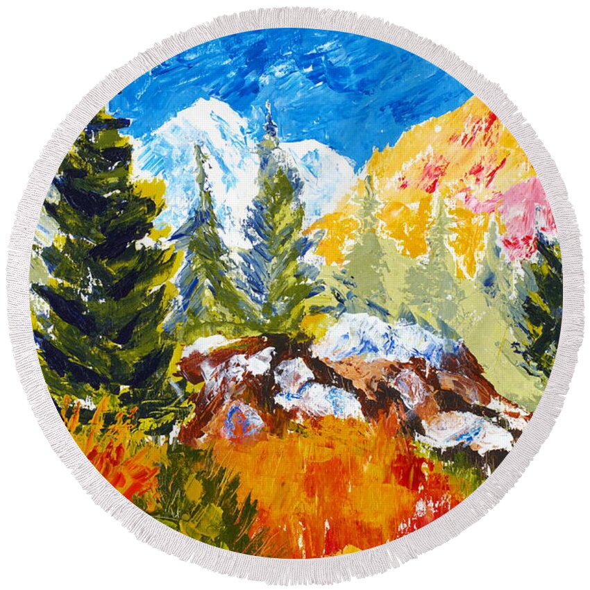 Springtime Round Beach Towel featuring the painting Spring in the Rockies by Walt Brodis
