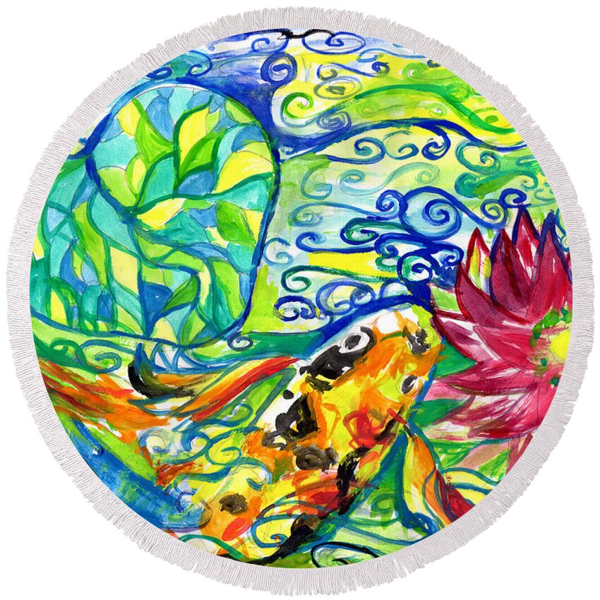 Koi Fish Round Beach Towel featuring the painting Spring Koi Fish With Water Lily by Genevieve Esson