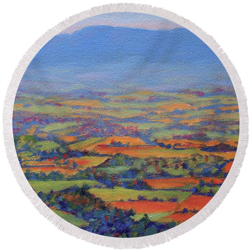 Shenandoah Landscape Round Beach Towel featuring the painting Spring Patchwork 1 by Bonnie Mason