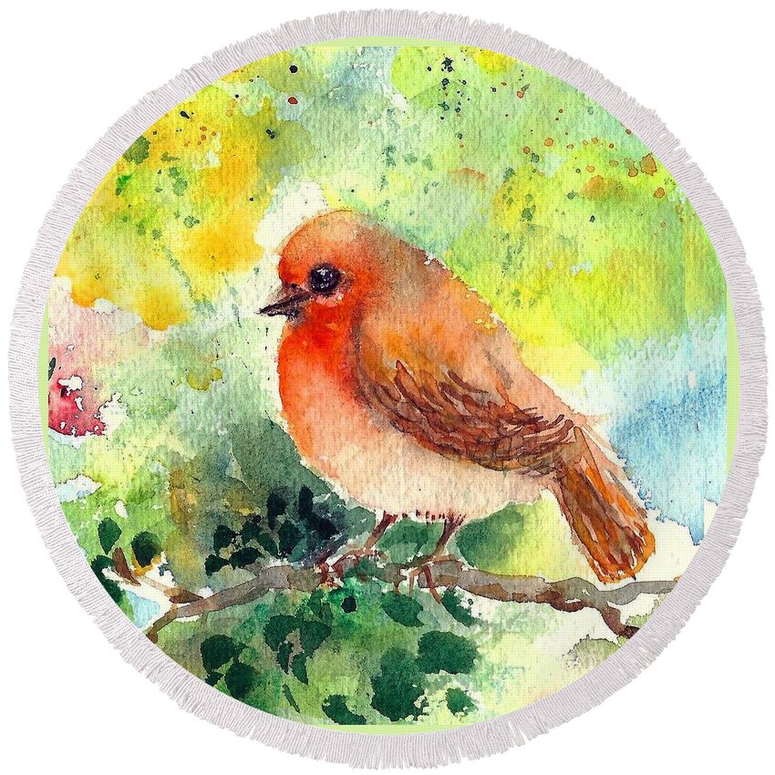 Spring Round Beach Towel featuring the painting Spring Robin by Asha Sudhaker Shenoy