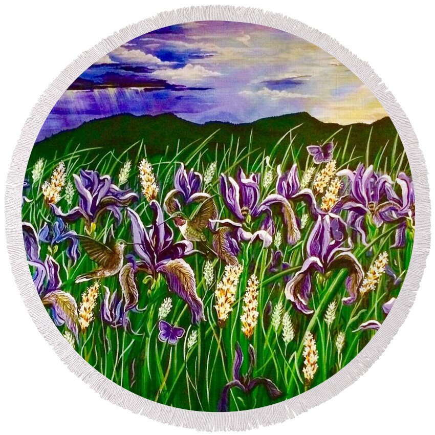Storm Round Beach Towel featuring the painting Spring Storm Iris Fields by Jennifer Lake