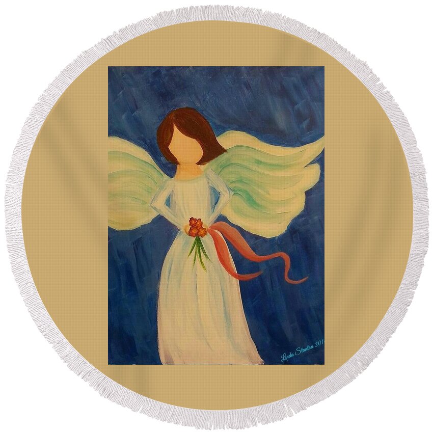 Angels Round Beach Towel featuring the painting Sweet Angel by Linda Stanton