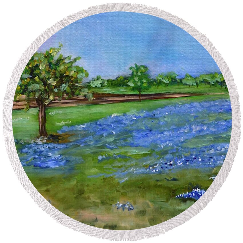 Bluebonnets Round Beach Towel featuring the painting Springtime Blues by Melissa Torres