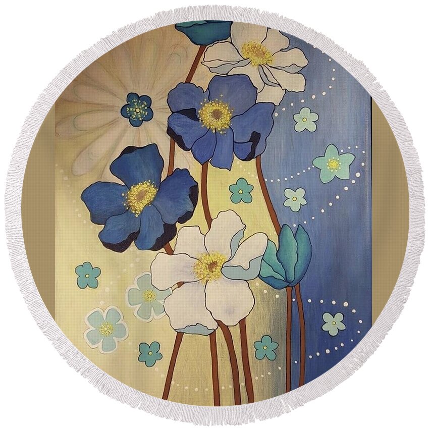 #flowers #artwithflowers #acrylicart #artforsale #acrylicartforsale #paintingsforsale Round Beach Towel featuring the painting Springtime Flowers by Cynthia Silverman