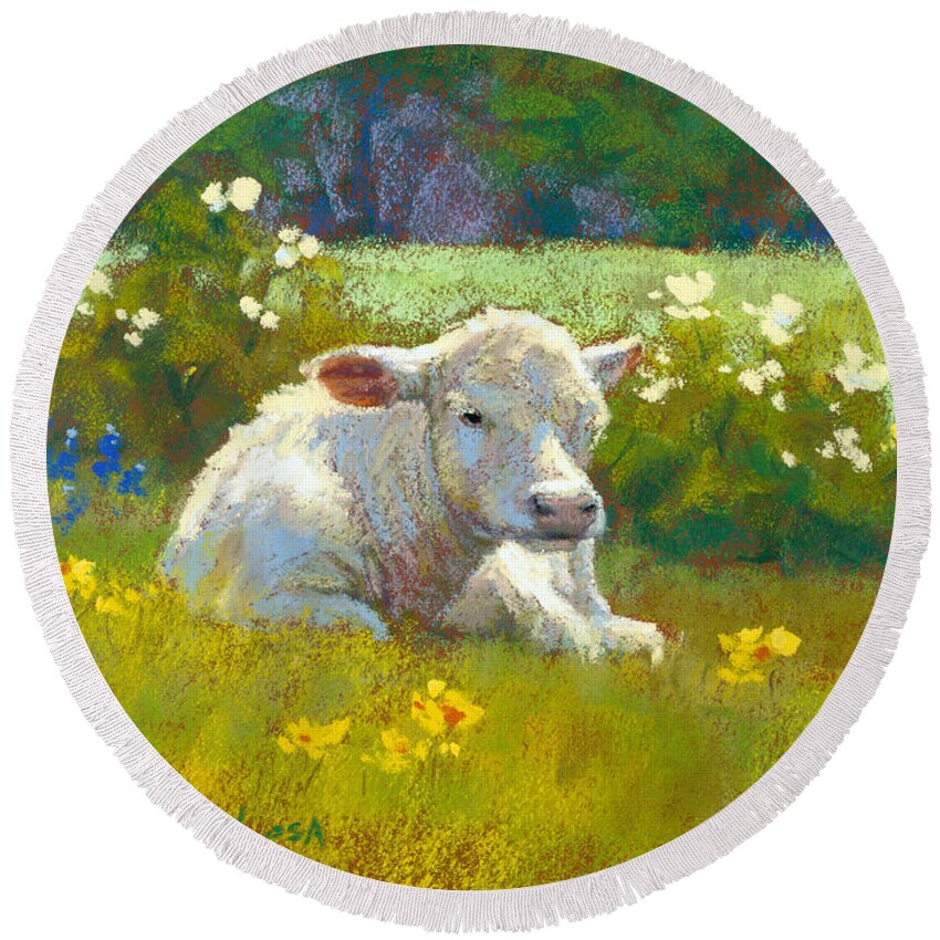 Cow Round Beach Towel featuring the pastel Springtime in Texas by Rita Kirkman
