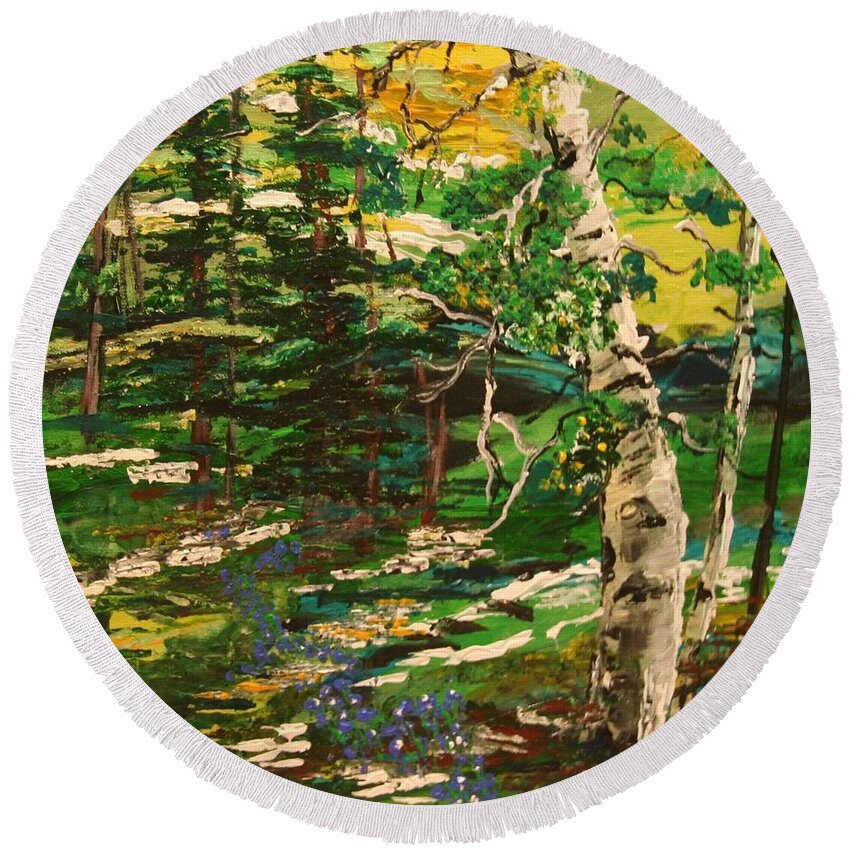 Impressionist Aspen Round Beach Towel featuring the painting Springtime in the Rockies by Marilyn Quigley