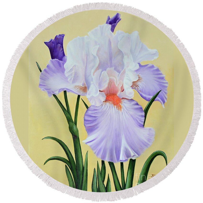 Springtime Iris Round Beach Towel featuring the painting Springtime Iris by Jimmie Bartlett