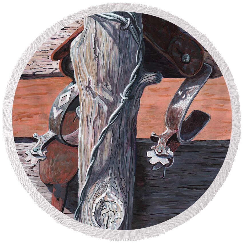 Timithy Round Beach Towel featuring the painting Spurs needing boots by Timithy L Gordon