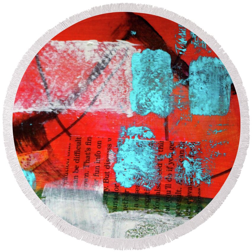 Red Abstract Art Round Beach Towel featuring the mixed media Square Collage No. 10 by Nancy Merkle