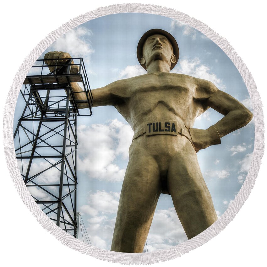 America Round Beach Towel featuring the photograph Square Format Tulsa Oklahoma Golden Driller - Vintage by Gregory Ballos