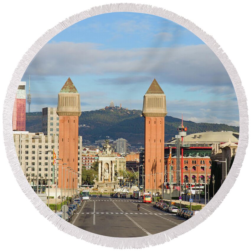 Espana Round Beach Towel featuring the photograph Square of Spain with Venetian Towers in Barcelona by Anastasy Yarmolovich