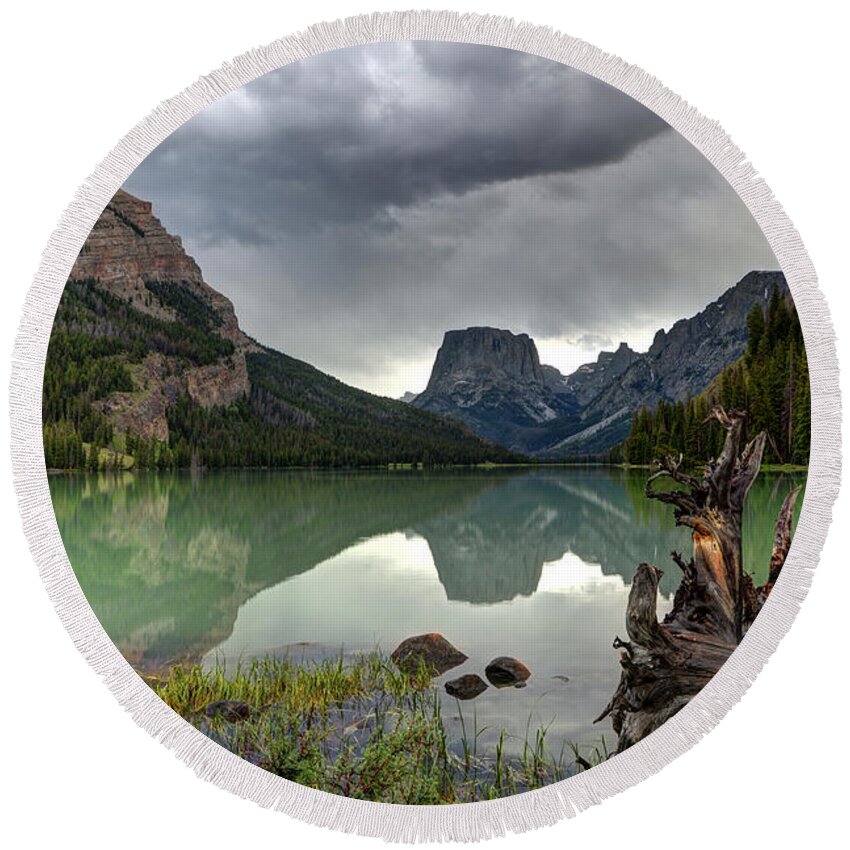 Wyoming Round Beach Towel featuring the photograph Squaretop Mountain Reflected in Upper Green River Lake during Thunderstorm by Gary Whitton