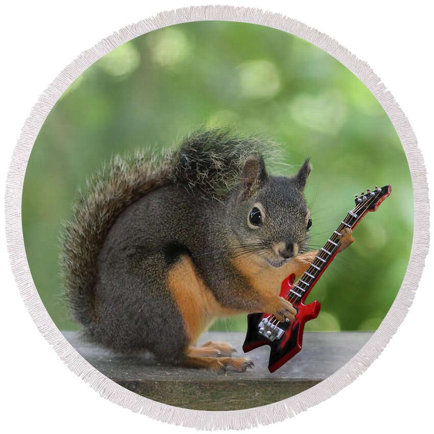 Squirrels Round Beach Towel featuring the photograph Squirrel Playing Electric Guitar by Peggy Collins