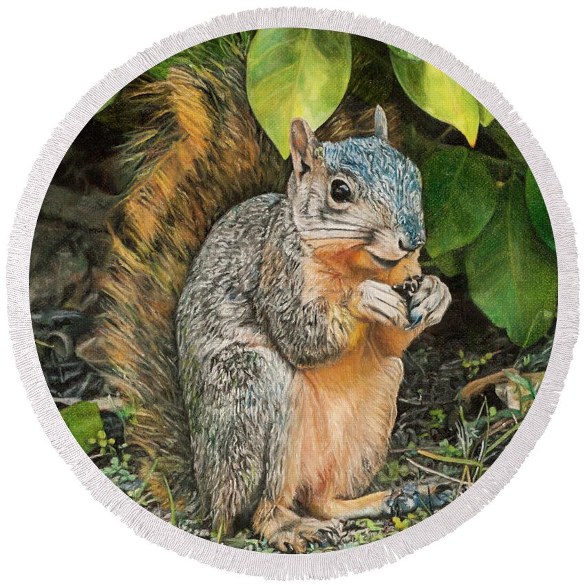 Squirrel Round Beach Towel featuring the painting Squirrel Under Bush by Joshua Martin
