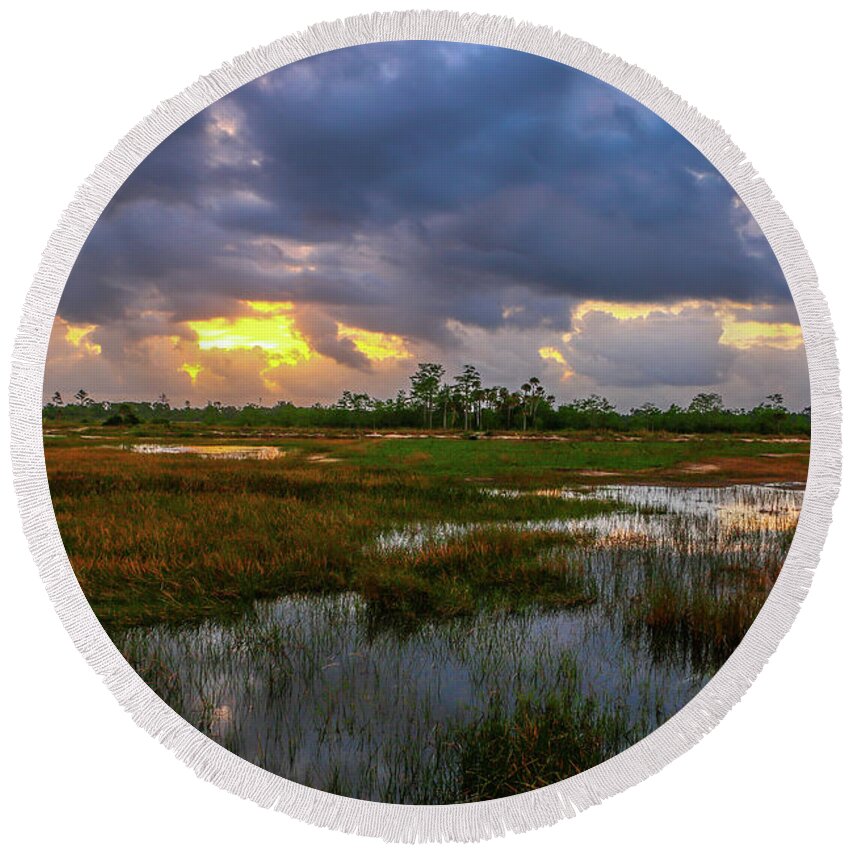 Storm Round Beach Towel featuring the photograph Srormy Marsh at Pine Glades by Tom Claud