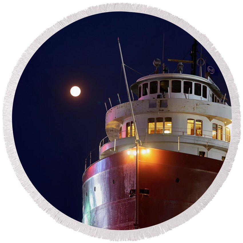 Ss William A Irvin Round Beach Towel featuring the photograph SS William A Irvin at night by Paul Freidlund