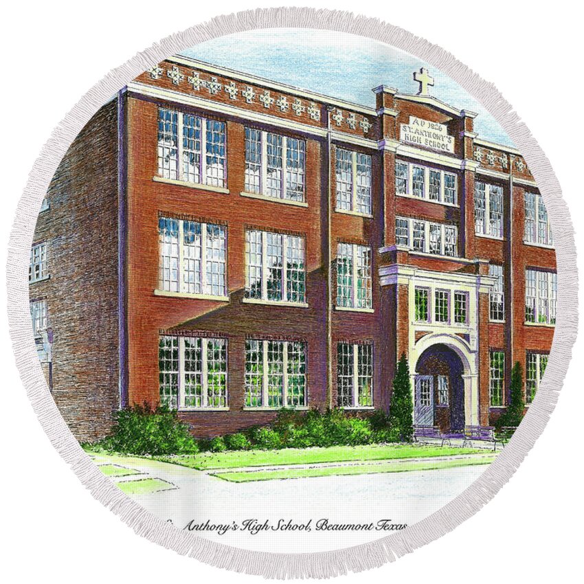 St. Anthony's Round Beach Towel featuring the drawing St. Anthony's High School by Randy Welborn