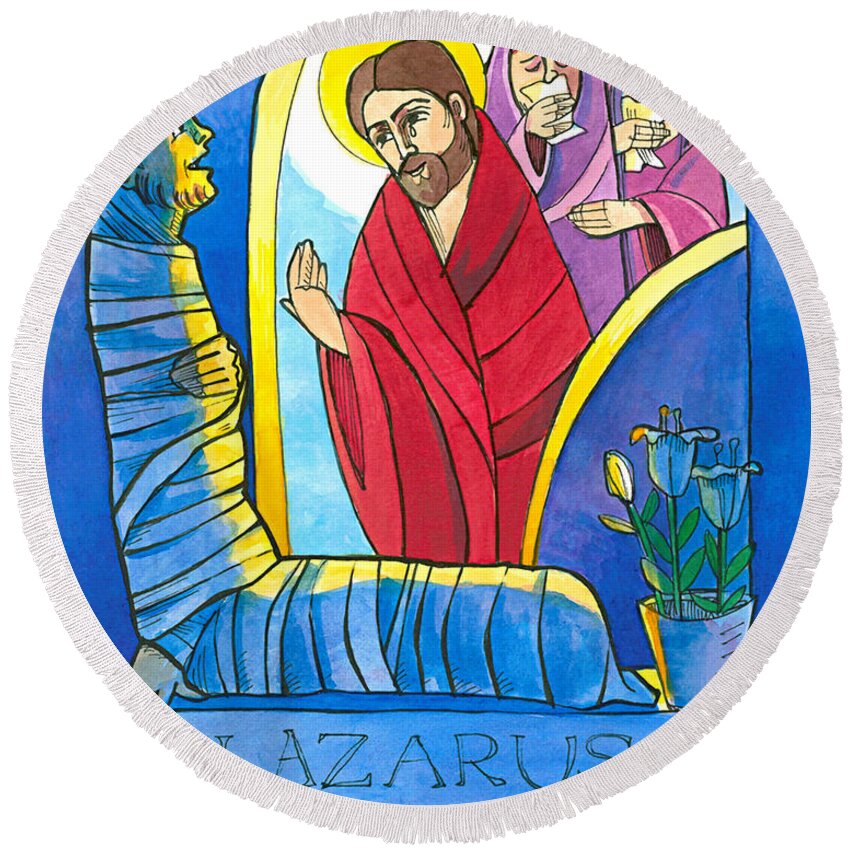 St. Lazarus Round Beach Towel featuring the painting St. Lazarus - MMLZR by Br Mickey McGrath OSFS