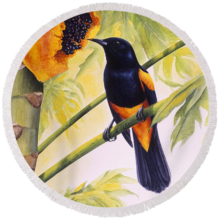 Chris Cox Round Beach Towel featuring the painting St. Lucia Oriole and papaya by Christopher Cox