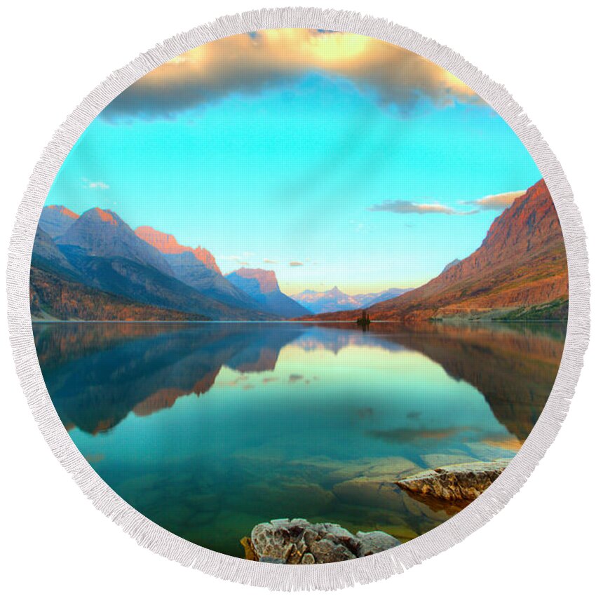 St Mary Lake Round Beach Towel featuring the photograph St Mary Lake Clouds And Calm Water by Adam Jewell