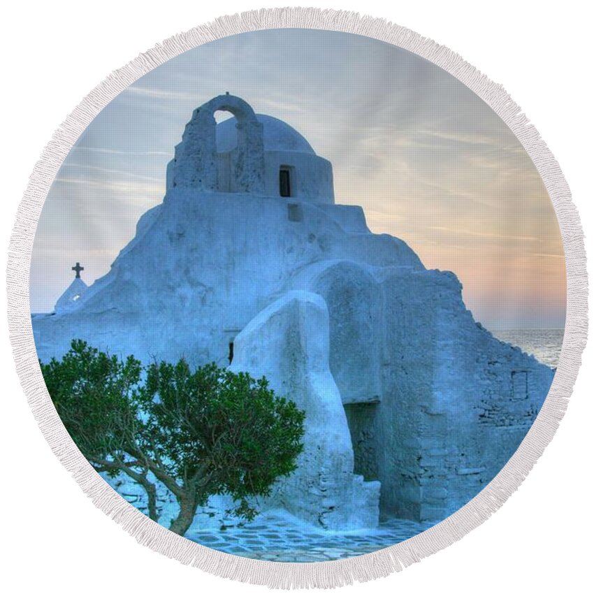 The Church Of St. Mary In Mykonos Greece Round Beach Towel featuring the photograph St Mary's by Greg Smith