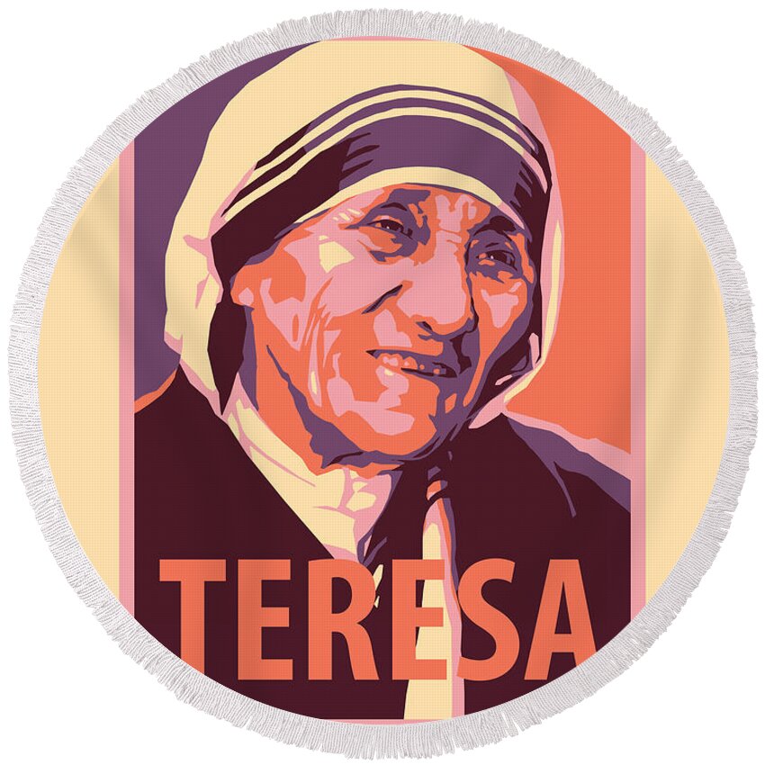 St. Teresa Of Calcutta Round Beach Towel featuring the painting St. Teresa of Calcutta - JLTEC by Julie Lonneman