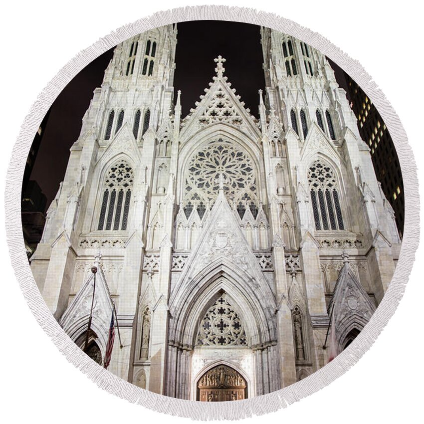 Nyc Round Beach Towel featuring the photograph St Patrick Cathedral NYC Morning by John McGraw