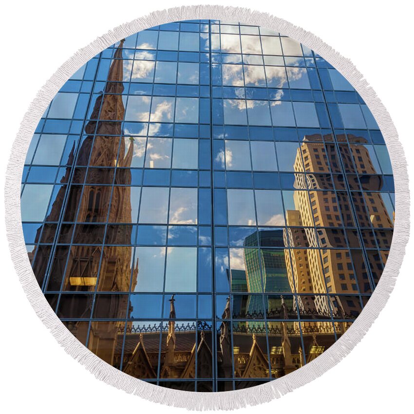 City Round Beach Towel featuring the photograph St. Patrick Cathedral Reflections 1 by Jonathan Nguyen