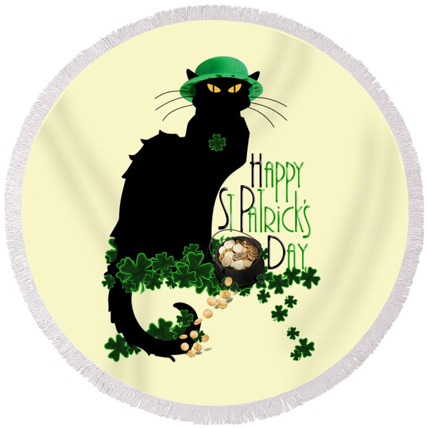St Patrick's Day Round Beach Towel featuring the digital art St Patrick's Day - Le Chat Noir by Gravityx9 Designs