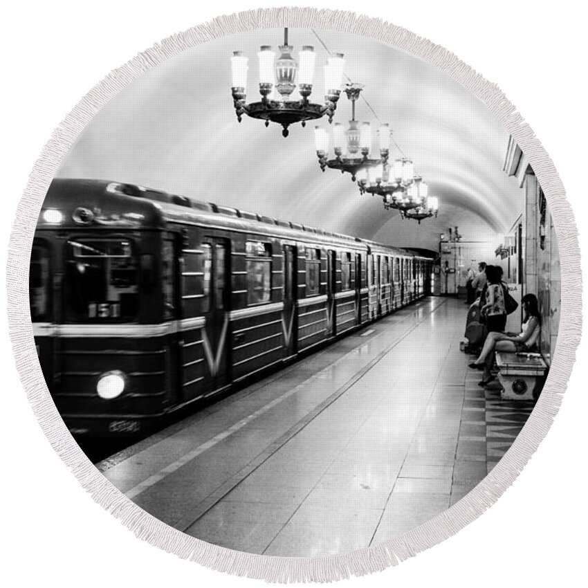 Russia Round Beach Towel featuring the photograph St Petersburg Russia Subway Station by Thomas Marchessault