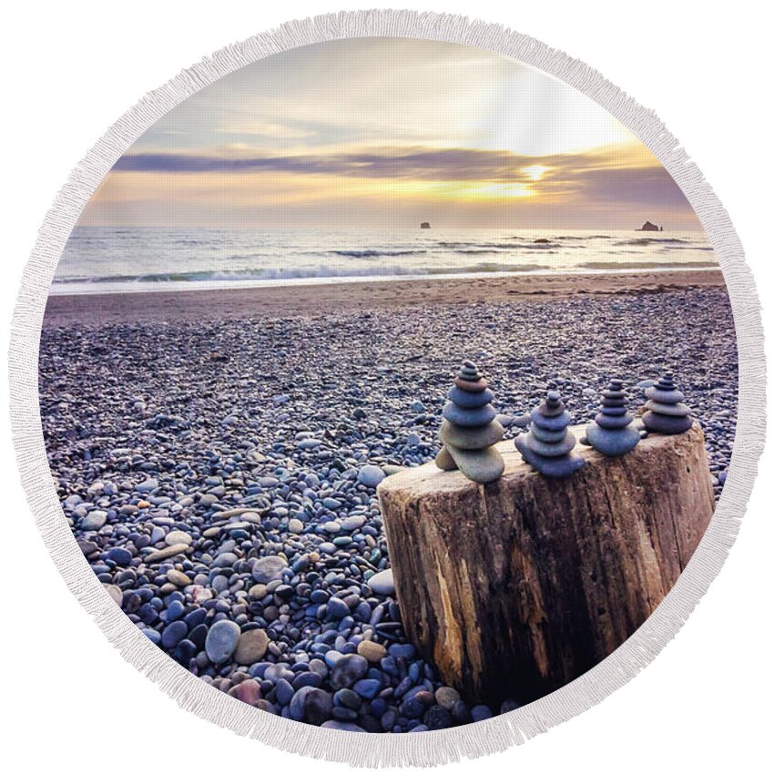 Rocks Round Beach Towel featuring the photograph Stacked Rocks at Sunset by Joan McCool