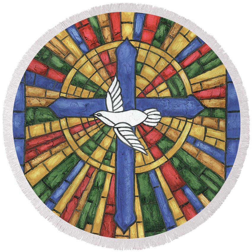 Dove Round Beach Towel featuring the painting Stained Glass Cross by Debbie DeWitt