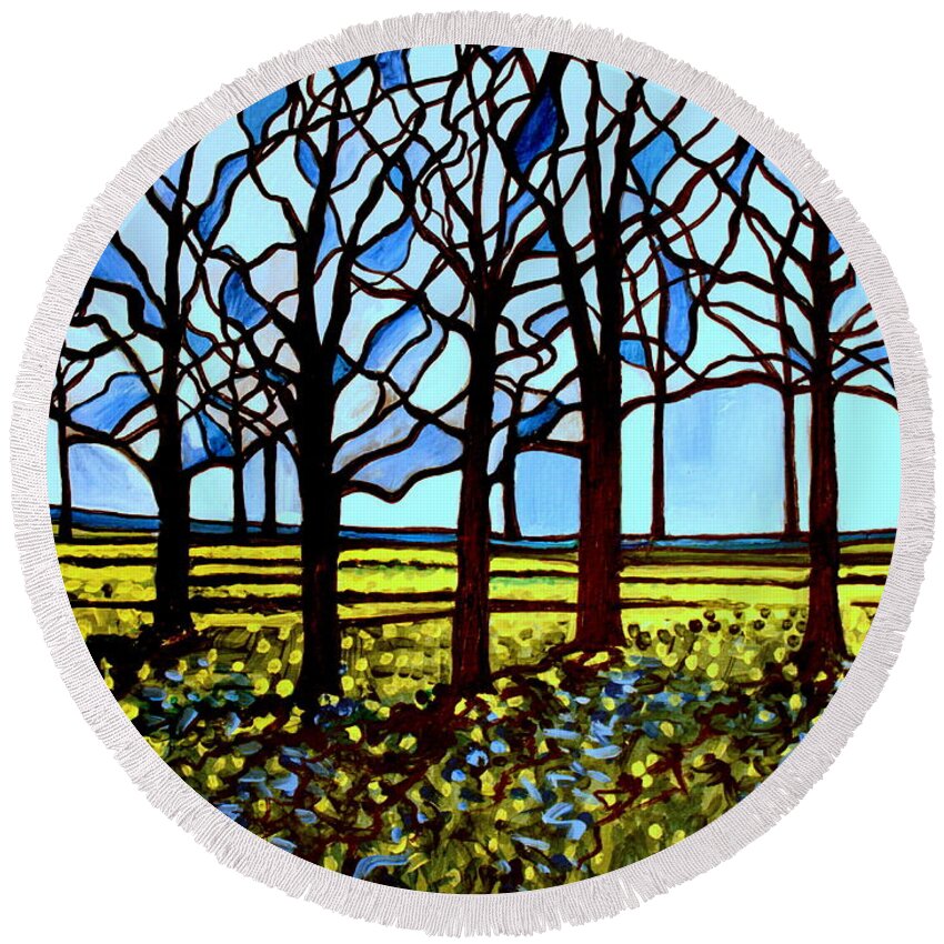 Blue Round Beach Towel featuring the painting Stained Glass Trees by Elizabeth Robinette Tyndall