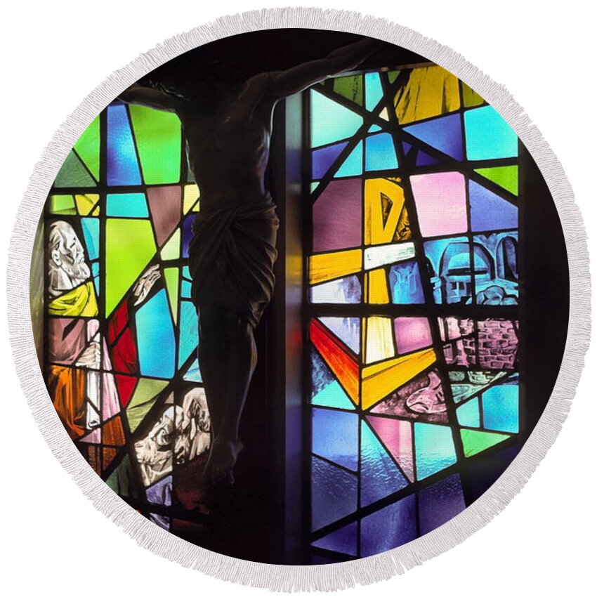 Stained Glass Window Round Beach Towel featuring the photograph Stained Glass With Crucifix Silhouette by Sally Weigand