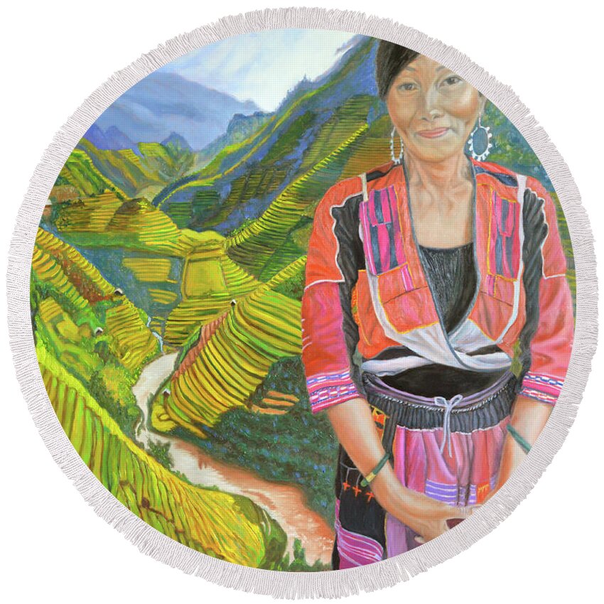 Hmong Woman Round Beach Towel featuring the painting Stairway to Heaven by Thu Nguyen