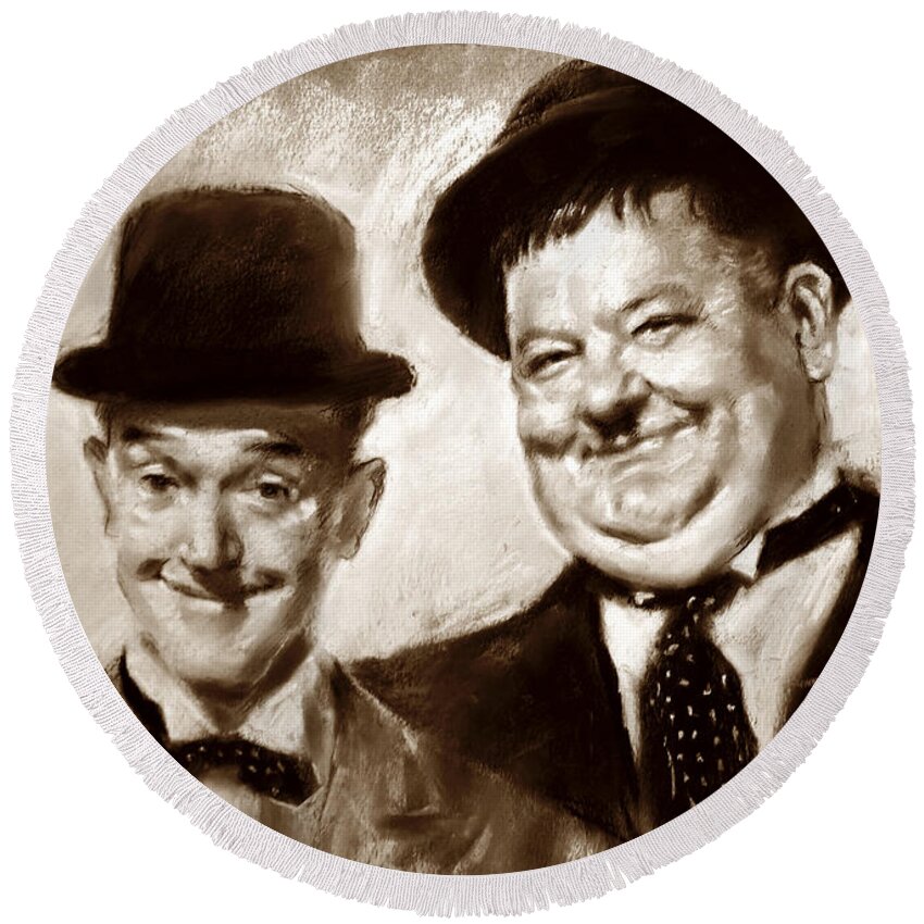 Stan Laurel Round Beach Towel featuring the drawing Stan Laurel Oliver Hardy by Ylli Haruni