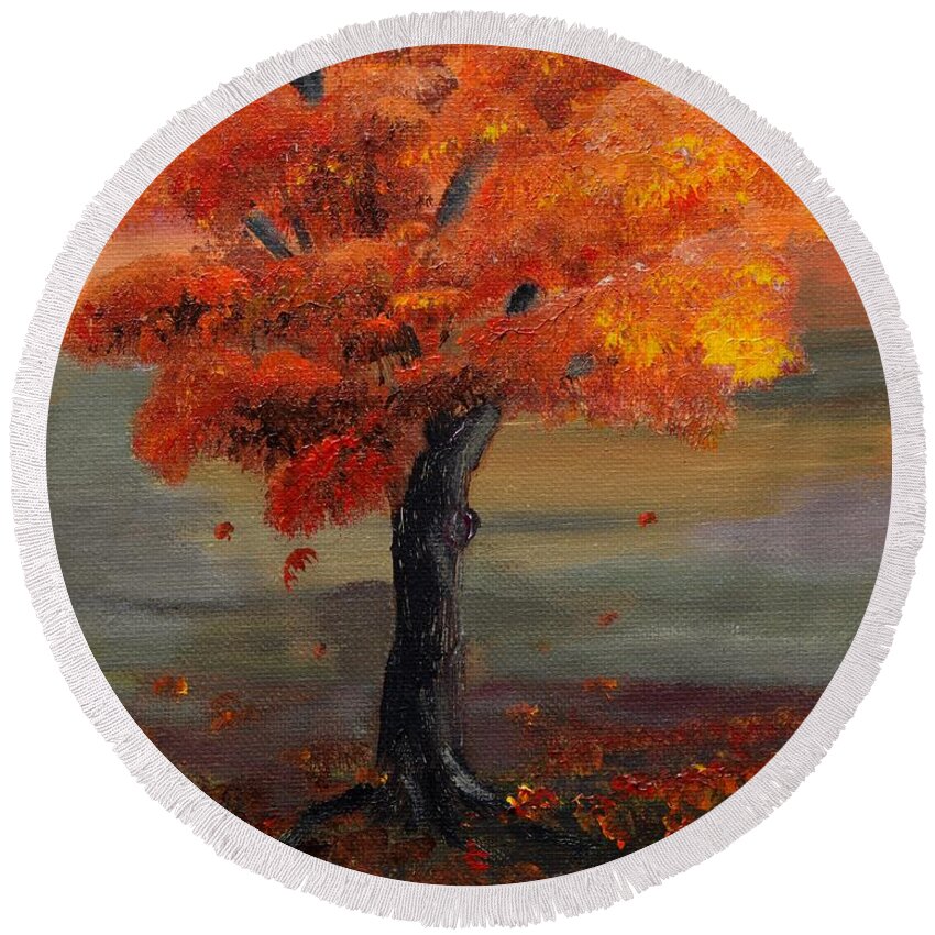 Autumn Round Beach Towel featuring the painting Stand Alone in Color - Autumn - Tree by Jan Dappen