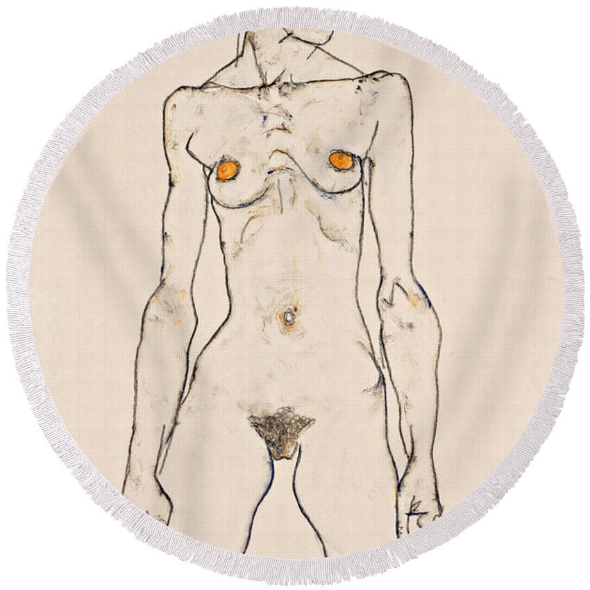 Schiele Round Beach Towel featuring the painting Standing Young Female Nude with Orange Colored Stockings by Egon Schiele