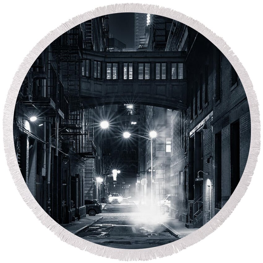 Alley Round Beach Towel featuring the photograph Staple street skybridge by night by Mihai Andritoiu