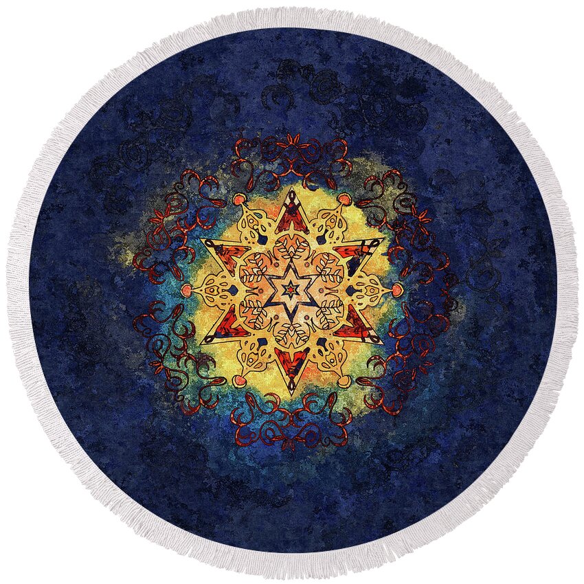 Abstract Round Beach Towel featuring the mixed media Star Shine Blue and GOld by Deborah Smith