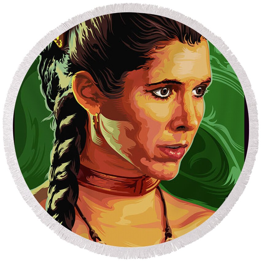 Modern Comic Designs Round Beach Towel featuring the digital art Star Wars Princess Leia Pop Art Portrait by Garth Glazier