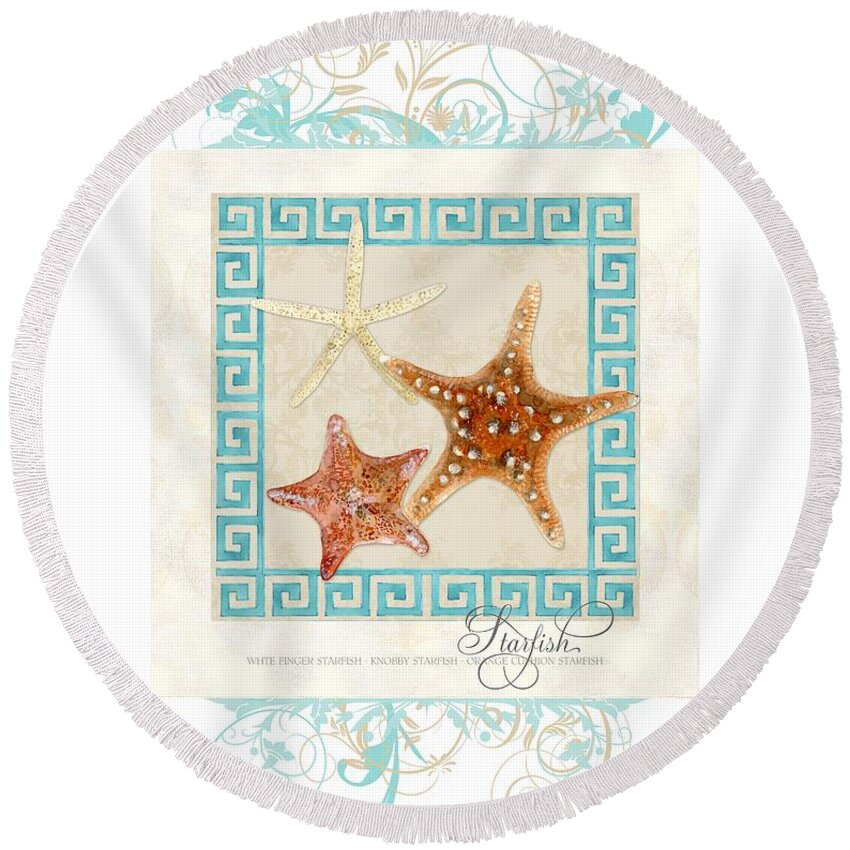 White Finger Starfish Round Beach Towel featuring the painting Starfish Greek Key Pattern w Swirls by Audrey Jeanne Roberts