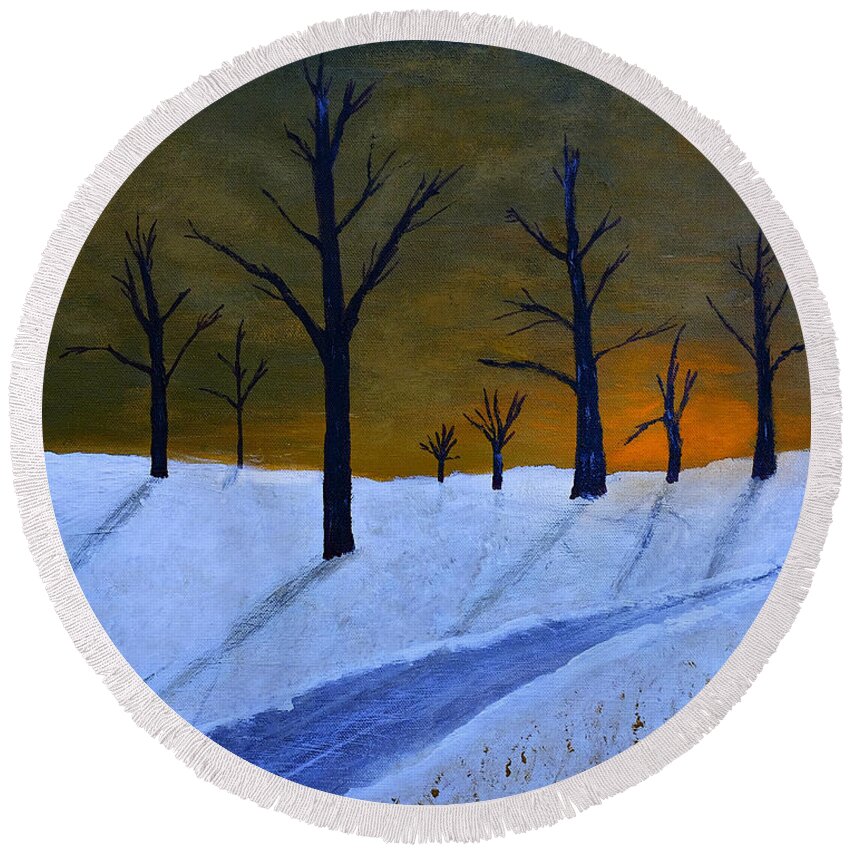 Trees Round Beach Towel featuring the painting Stark Winter Sunset by Dick Bourgault