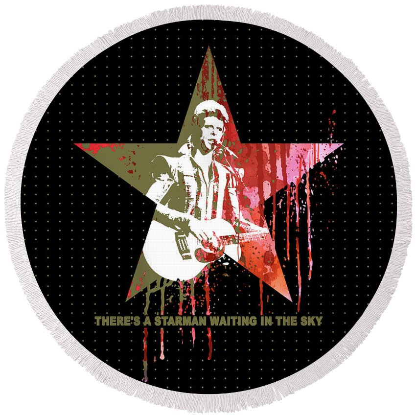 Jimi Round Beach Towel featuring the mixed media DAVID BOWIE - STARMAN #black by Art Popop